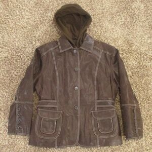 Columbia Vintage Y2K Leather Jacket XL Brown Hooded Pockets Button Front Quilted